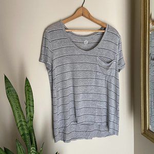 Grey tee with black and white stripes